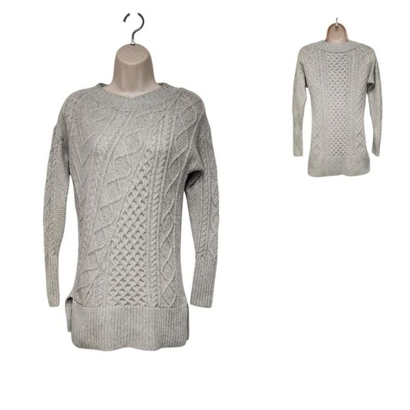 J Crew Cable Knit Patchwork Wool Blend Round Neck Long Sleeve Sweater Gray XXS - Picture 4 of 10